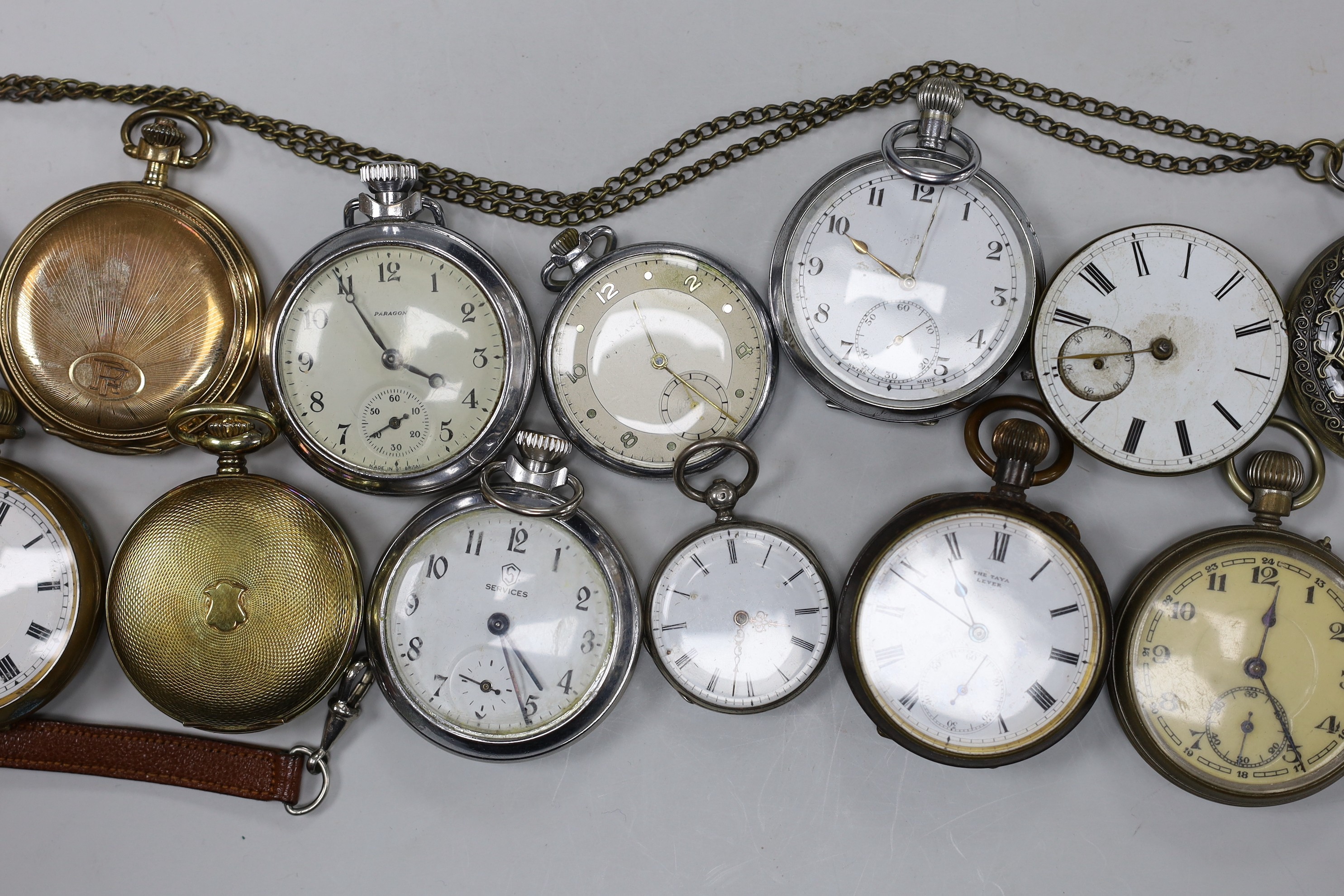 Eighteen assorted base metal pocket watches, including Ingersoll, Lanco and Paragon, some a.f. and a small quantity of assorted watch keys.